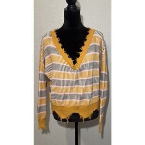 Daytrip Sweater Women L Mustard Yellow Pink Gray Striped Fringe Boxy Knit Slouch